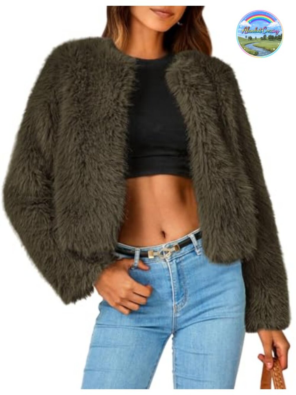 Cropped Faux Fur Coat Loose Fit Open Front Winter Jacket